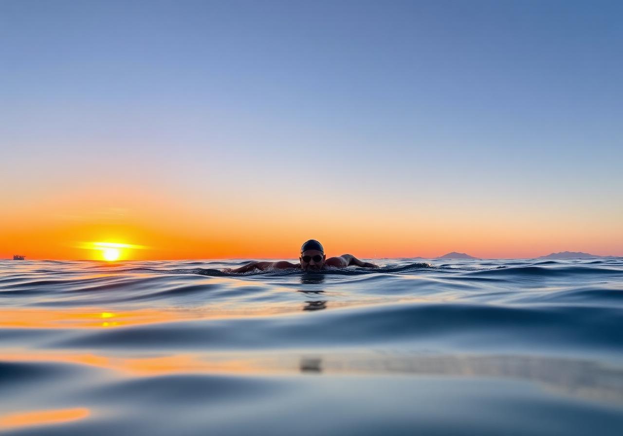 Nageur en eau libre au lever du soleil